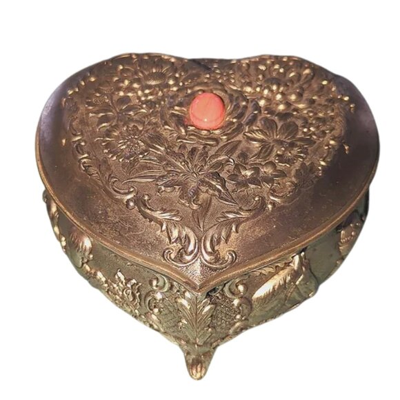 Vintage Heart-Shaped Floral Jewelry Box with Faux Coral Cabochon – Ornate Vanity - Picture 1 of 16